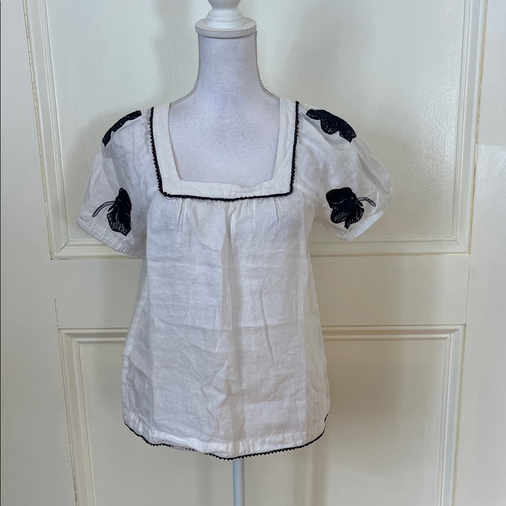 J. Crew White Linen Square-Neck Blouse with Black Floral Embroidery